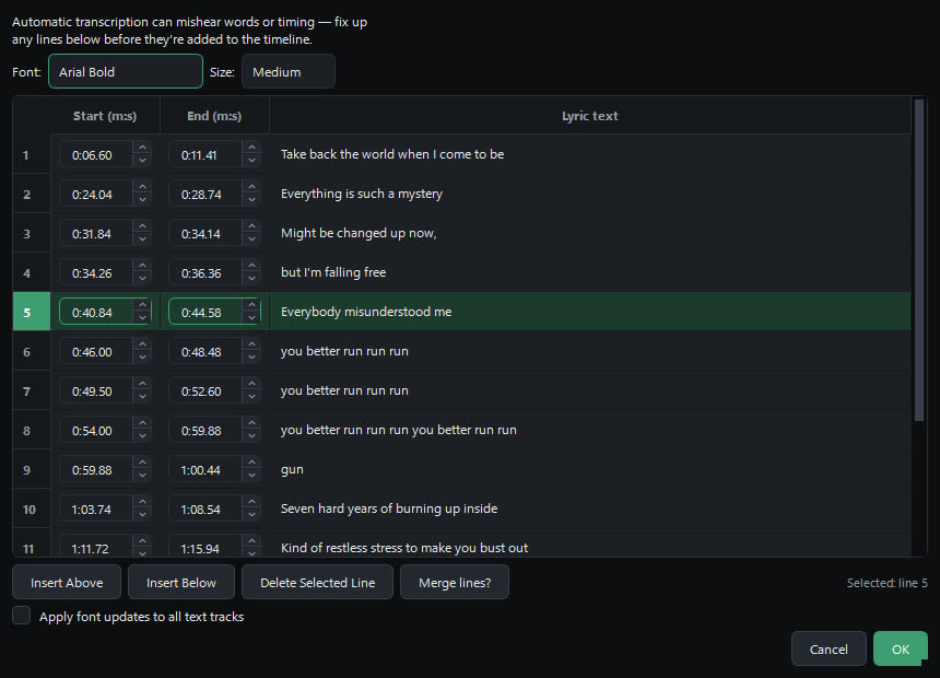 The lyric editor listing transcribed lines with start and end
                times, one row selected.